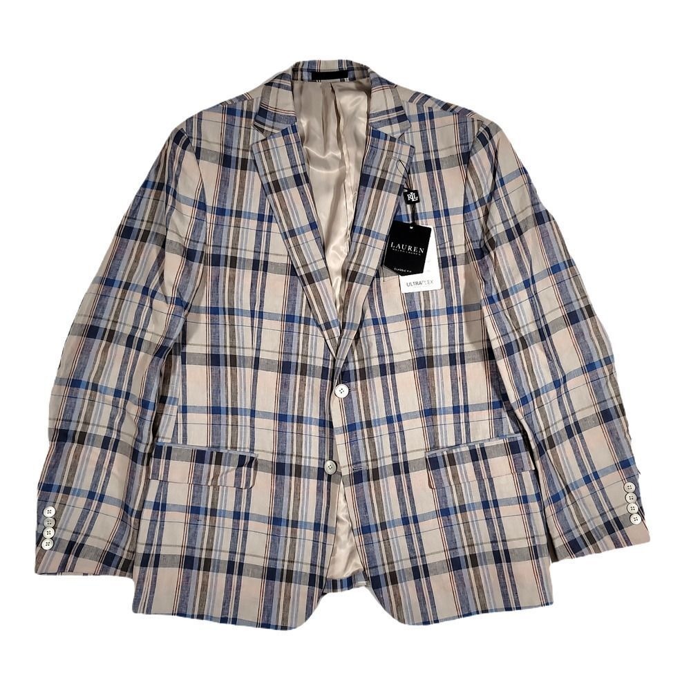 LRL Ralph Lauren Linen‎ Sport Coats Mens 38R Tan Blue Plaid Flex Blazer $295 NEW